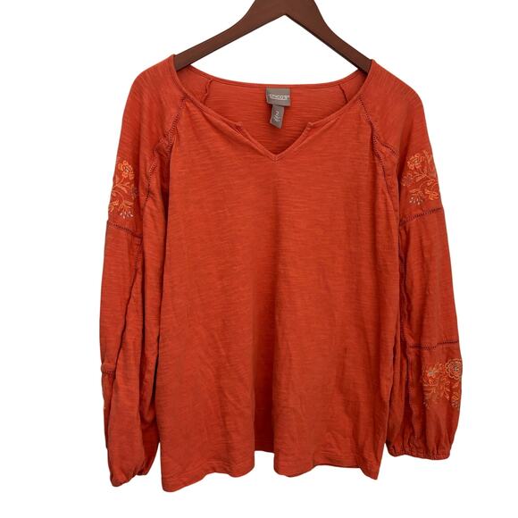 Chico’s Embroidered Cotton Shirt Size 2 Large  Long Sleeve Fall Boho Casual Top - Picture 1 of 7